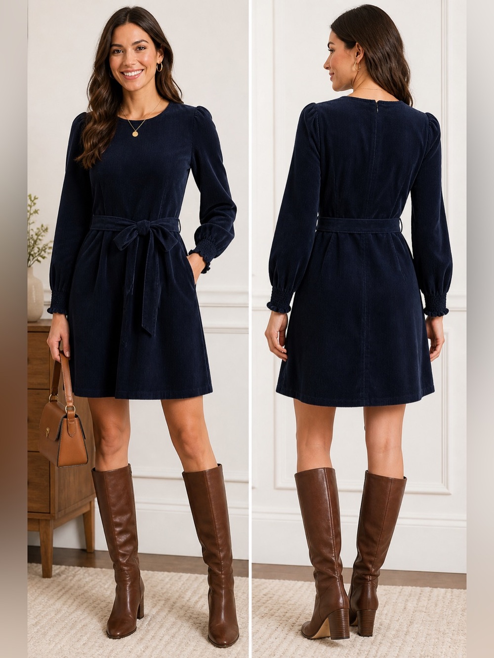 Boden Navy Blue Corduroy Dress Belted Long Sleeve Size US 6R